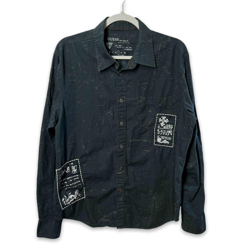 Guess Sound Invasion Button Up Shirt SIZE L Black Patchwork Cotton Distressed